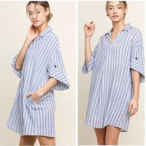 Umgee Hayley Chambray Dress Shirt Striped Blue & White Oversized Size Small NWOT
